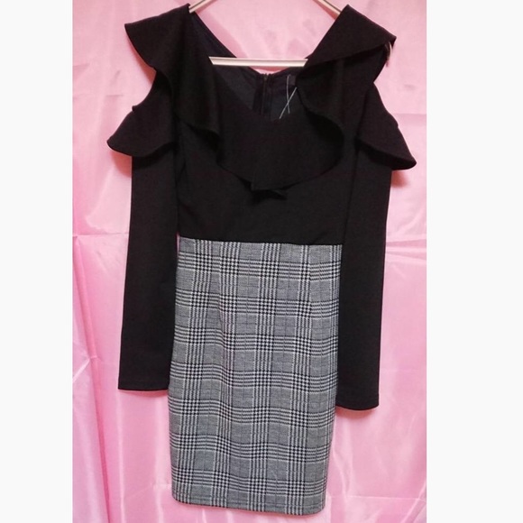 Jfashion Kawaii Gyaru Black Grey Cutout Ruffle Plaid Bodycon One-piece Dress - Picture 6 of 6